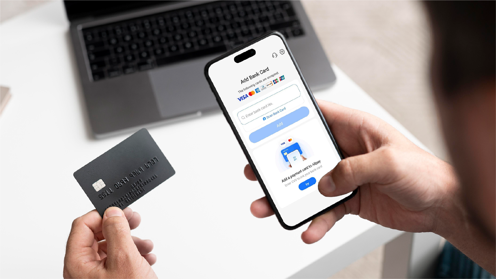Tampilan layar Alipay pada menu “Add Bank Card” saat pengguna menautkan kartu bank internasional untuk melakukan pembayaran di China.