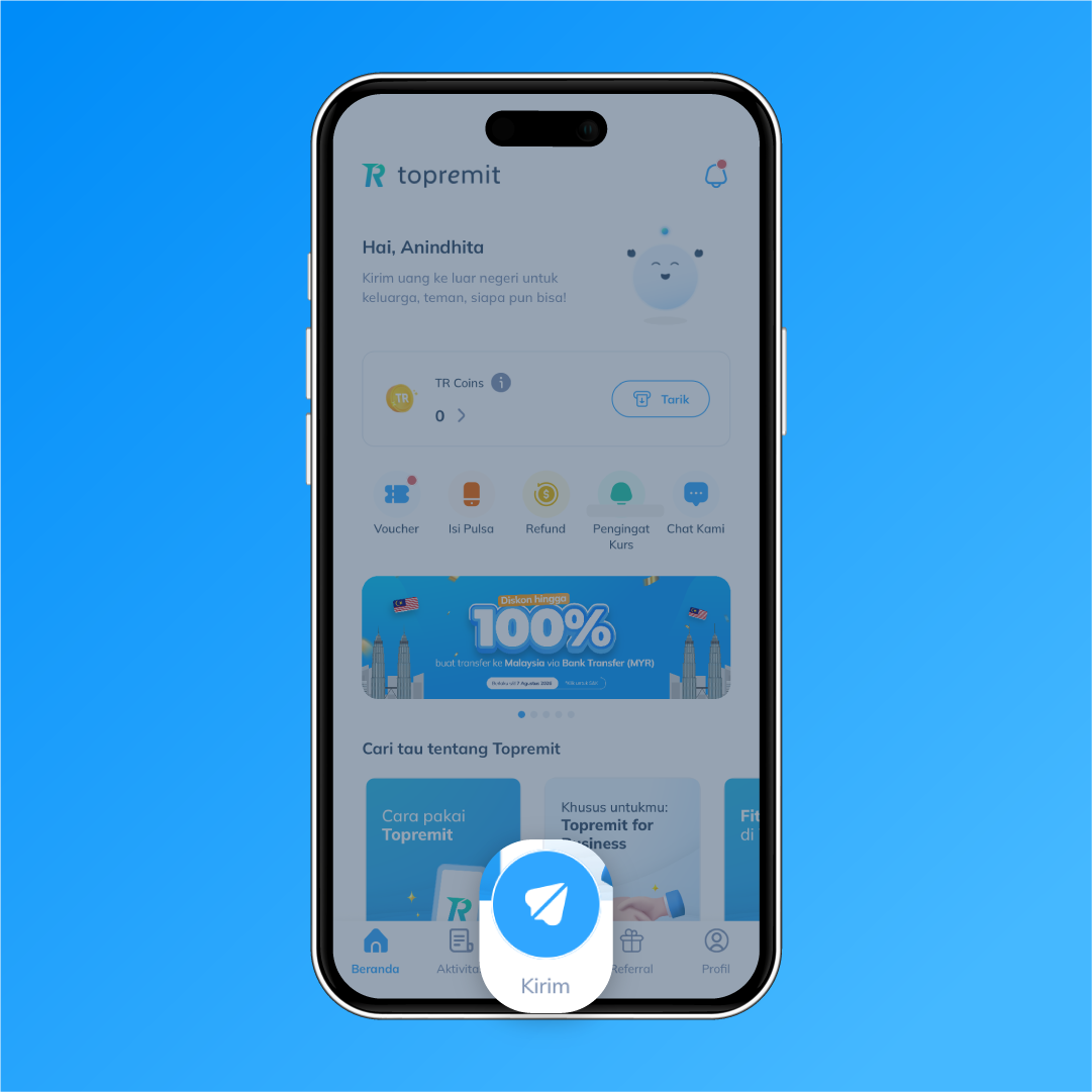 Tampilan layar halaman utama aplikasi Topremit dengan tombol “Kirim” berikon pesawat kertas yang disorot untuk memulai transfer ke Alipay