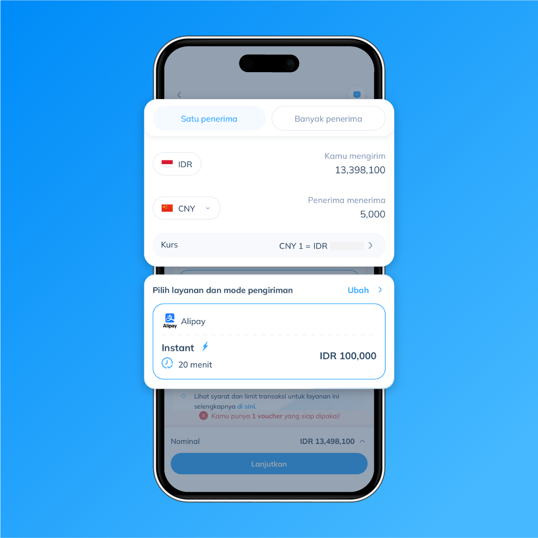 Tampilan layar transaksi Topremit menunjukkan pengiriman CNY 5,000 dengan layanan Alipay, estimasi 20 menit, dan biaya IDR 100,000