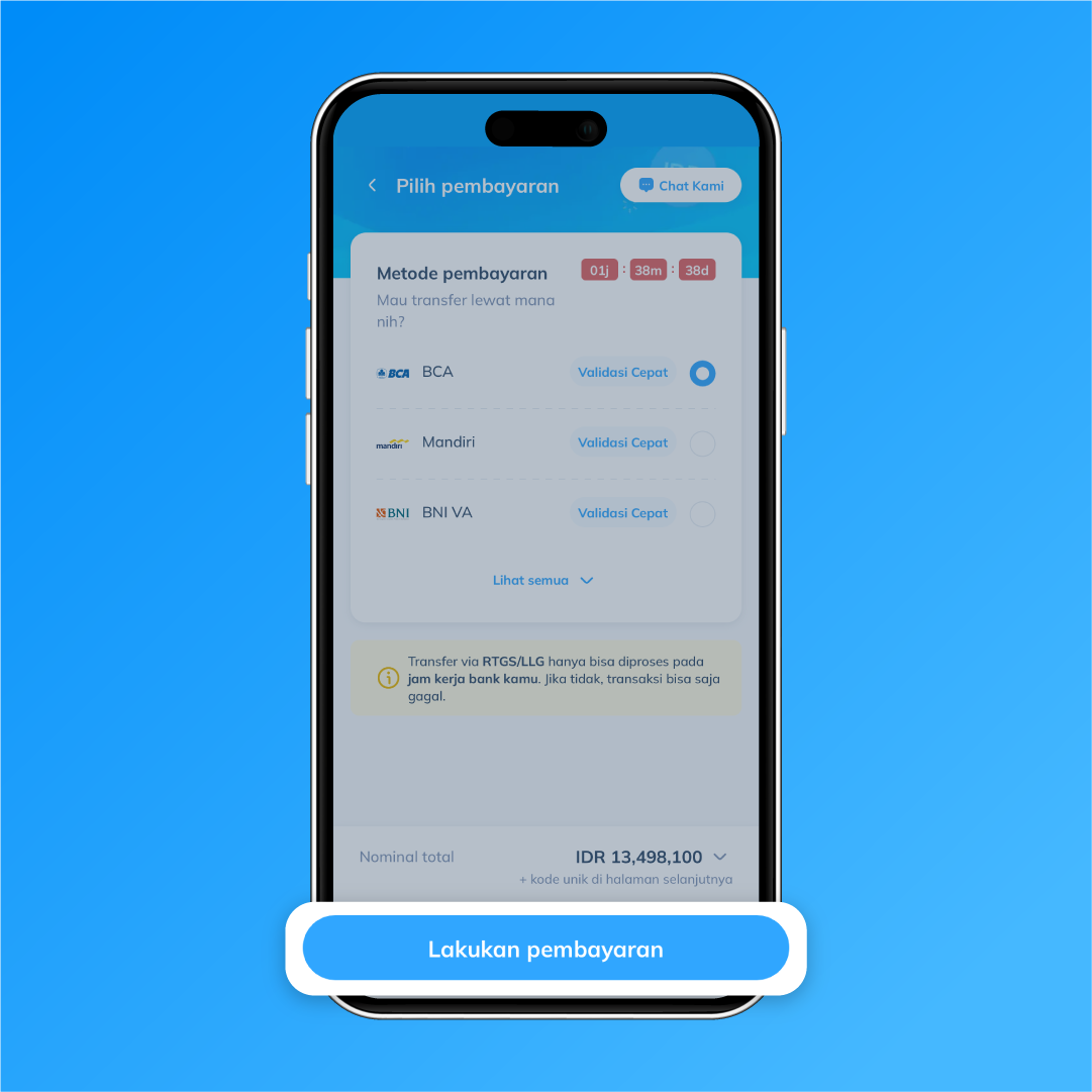 Tampilan layar pilihan metode pembayaran Topremit menampilkan BCA, Mandiri, dan BNI VA, dengan tombol “Lakukan pembayaran” yang disorot untuk menyelesaikan transfer ke Alipay