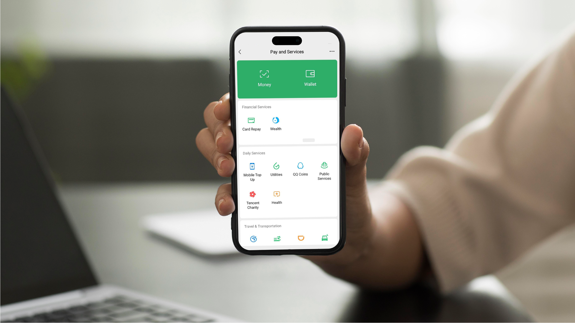 Tampilan menu Pay and Services di aplikasi WeChat yang menyediakan fitur Money, Wallet, dan berbagai layanan pembayaran.