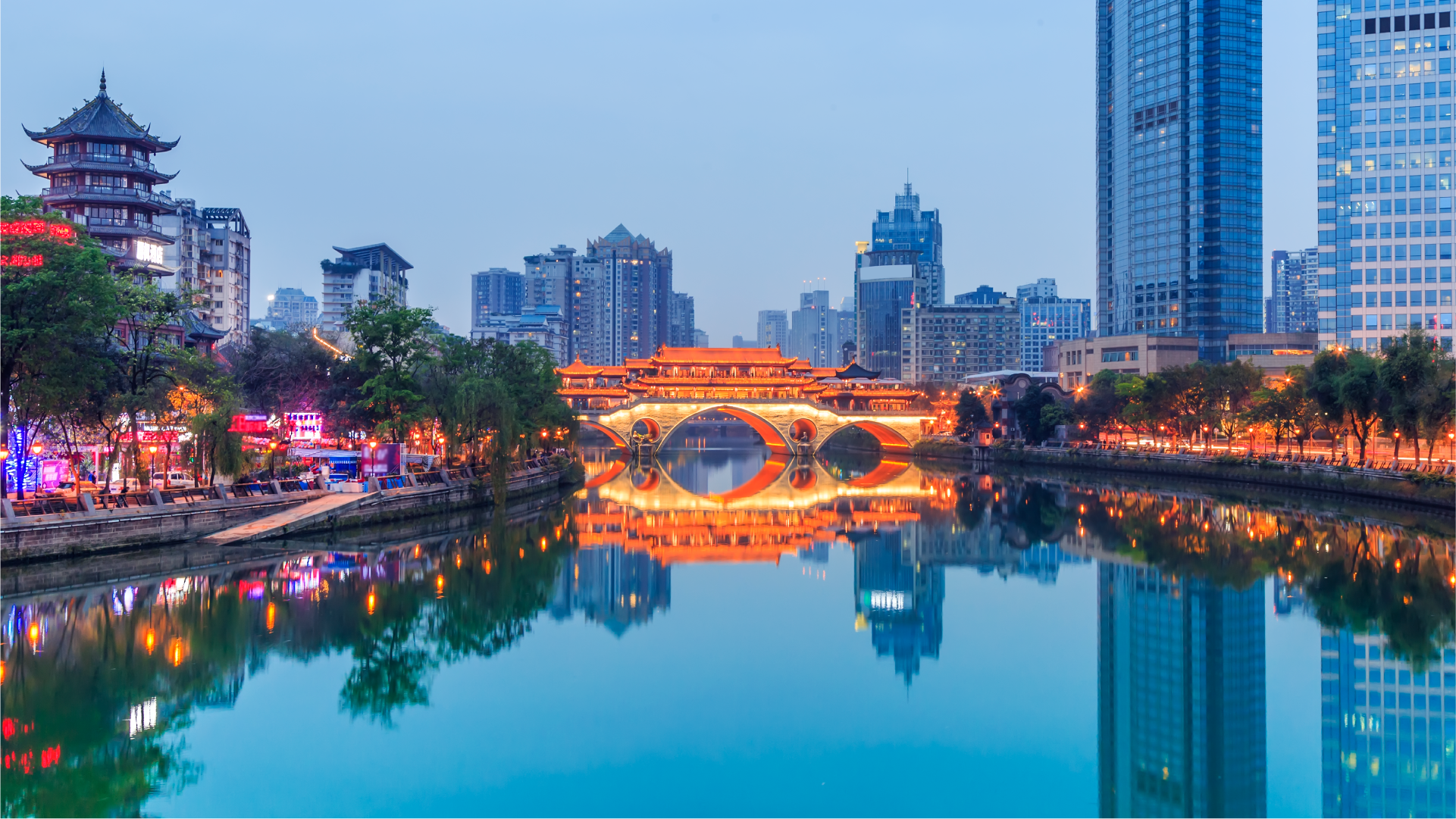 Pemandangan kawasan perkotaan di China dengan perpaduan bangunan modern, arsitektur tradisional, dan jembatan bercahaya.