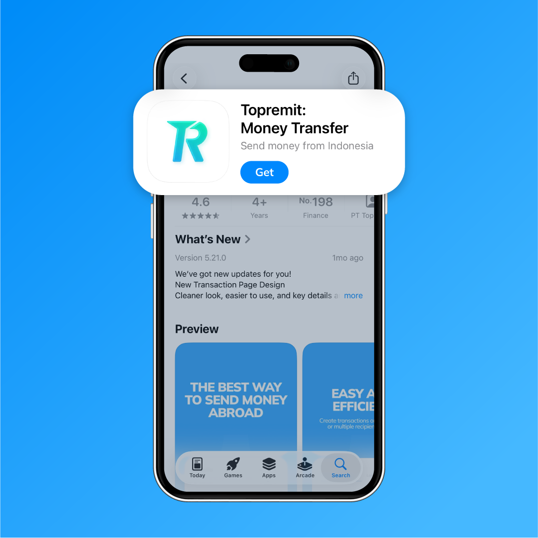 Tampilan aplikasi Topremit Money Transfer di App Store dengan tombol Get untuk mengunduh aplikasi sebagai langkah ke-1 mengirim uang ke WeChat Pay.