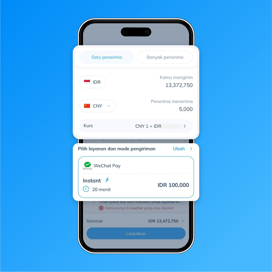 Tampilan pilihan pengiriman IDR ke CNY melalui WeChat Pay di Topremit sebagai langkah ke-3, dengan layanan instan, biaya IDR 100.000, dan estimasi tiba 20 menit.