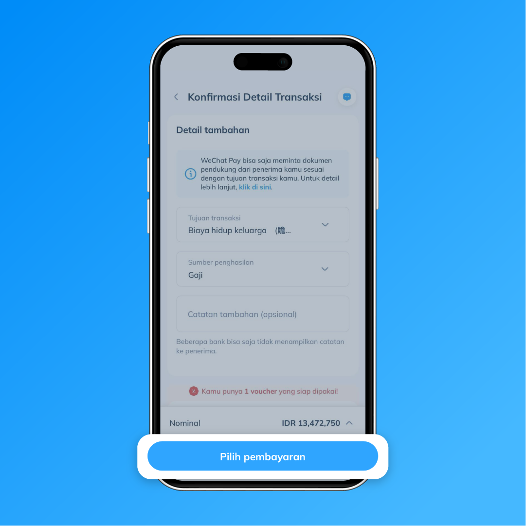 Tampilan halaman konfirmasi detail transaksi Topremit dengan tombol Pilih pembayaran sebagai langkah ke-4 dalam proses pengiriman uang ke WeChat Pay.