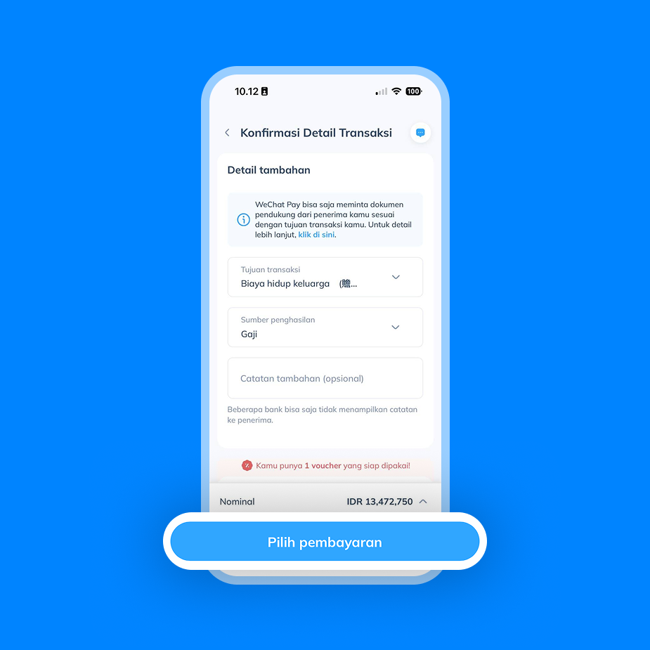Halaman detail transaksi WeChat Pay di Topremit sebagai langkah keempat sebelum memilih pembayaran