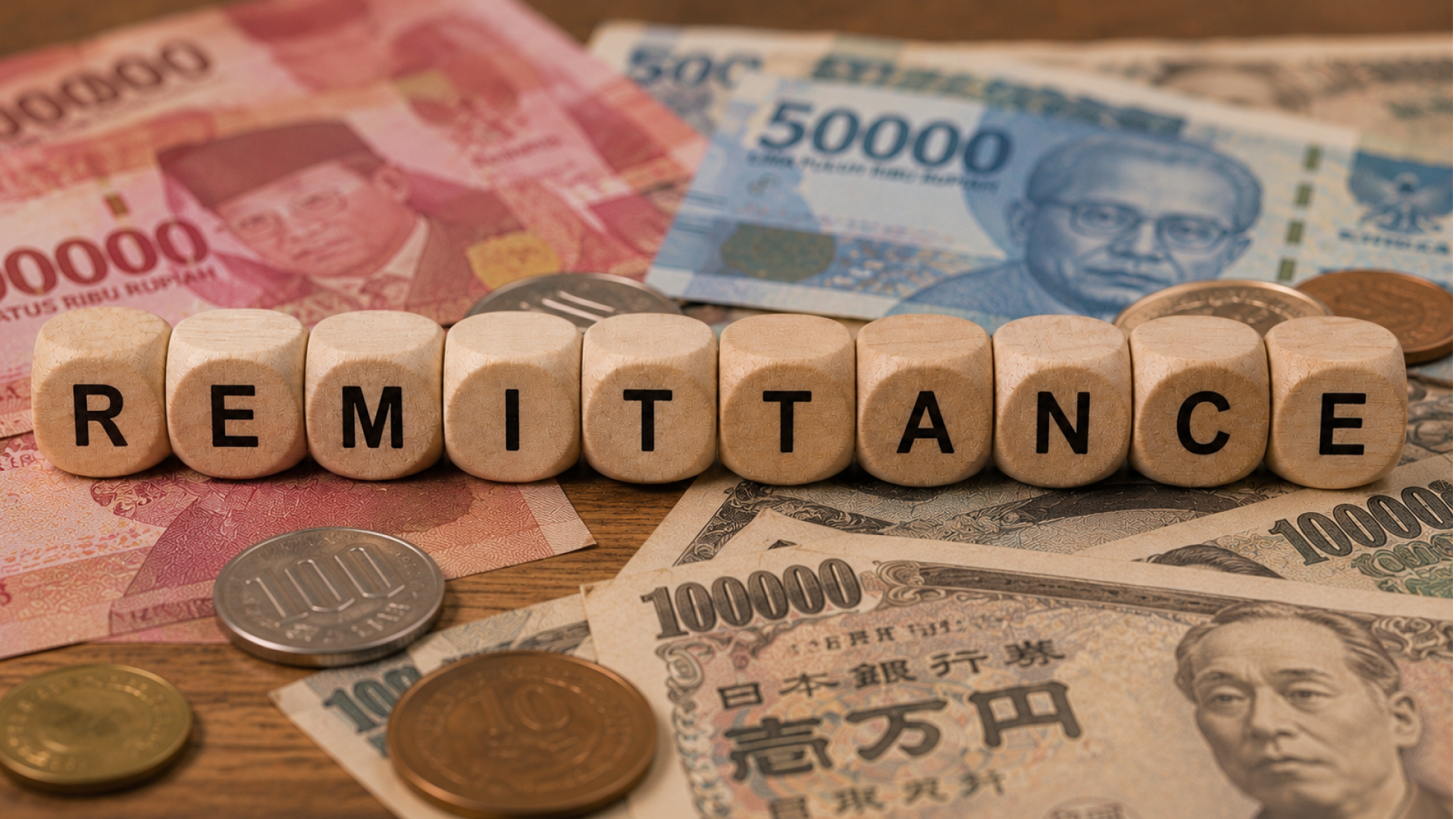 日本円やインドネシアルピアなどの紙幣と「REMITTANCE」の文字。海外送金をイメージした画像