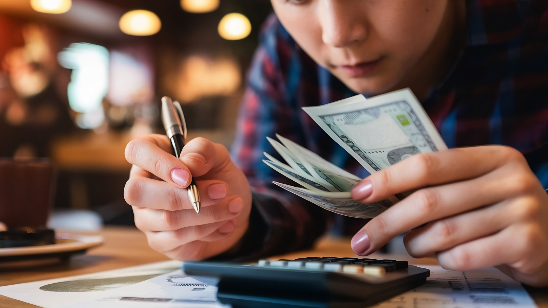 正在用计算器计算现金的人，展示汇率和手续费对海外汇款成本的影响