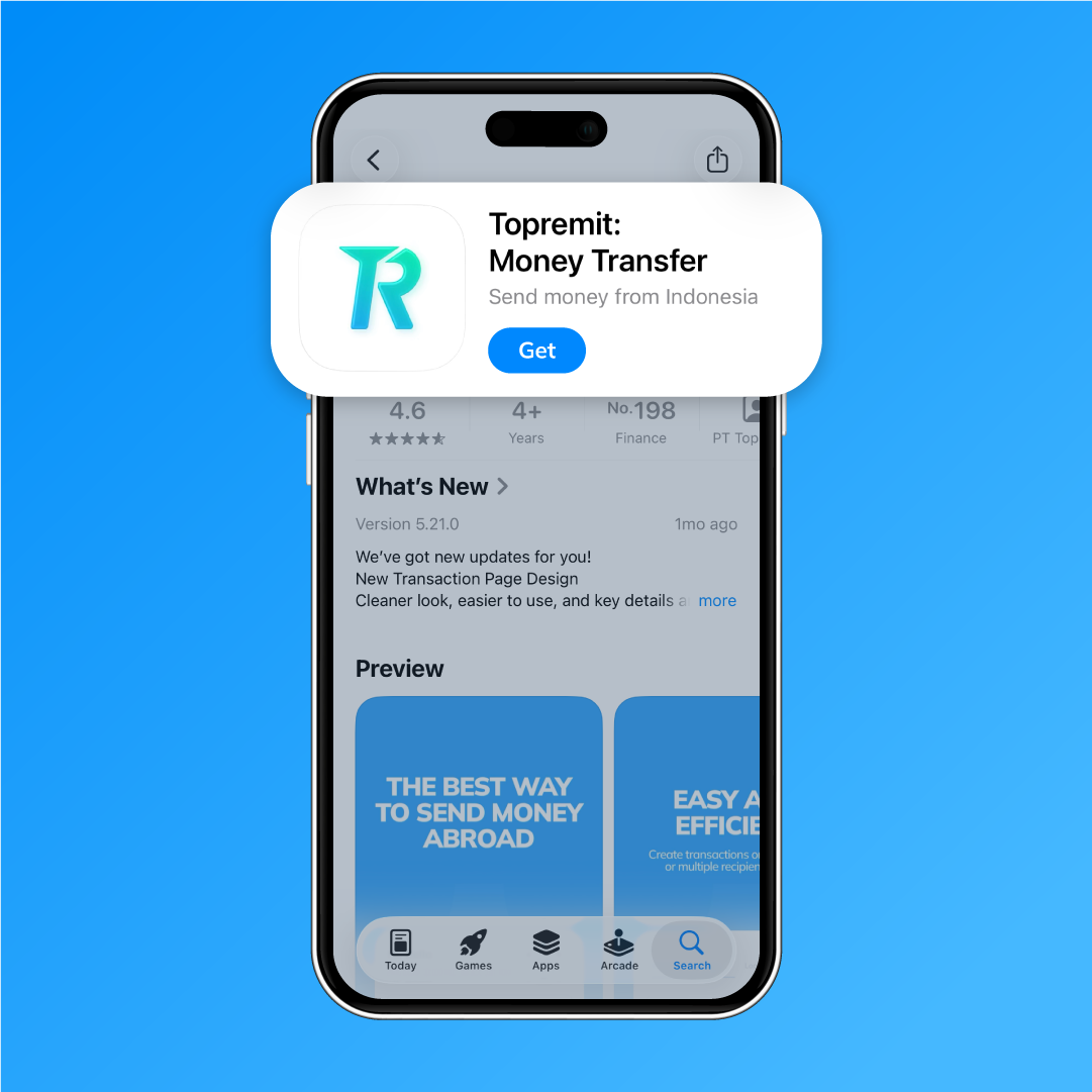 Aplikasi Topremit di App Store sebagai langkah pertama untuk kirim uang ke rekening bisnis di China