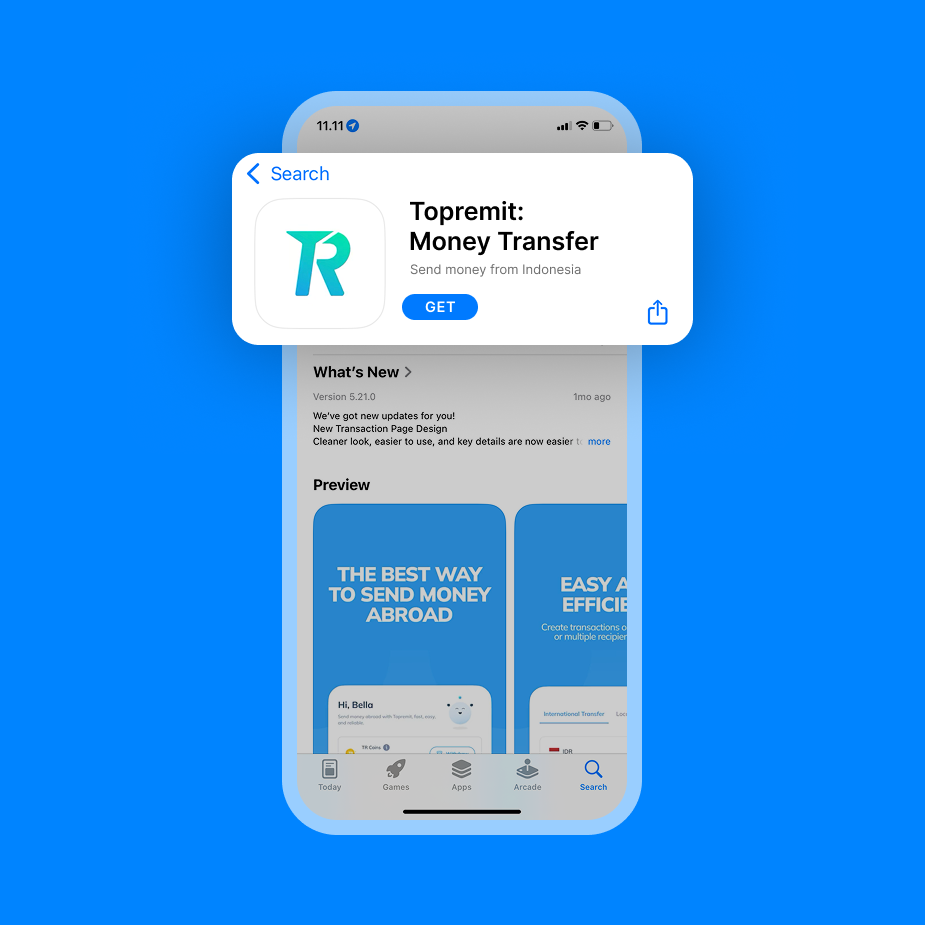 Tampilan aplikasi Topremit Money Transfer di App Store