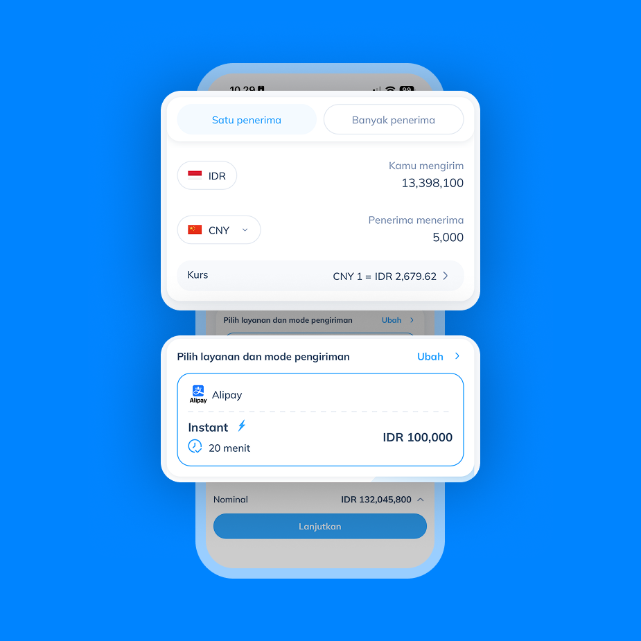 Tampilan transaksi Topremit dari IDR ke CNY dengan layanan Alipay