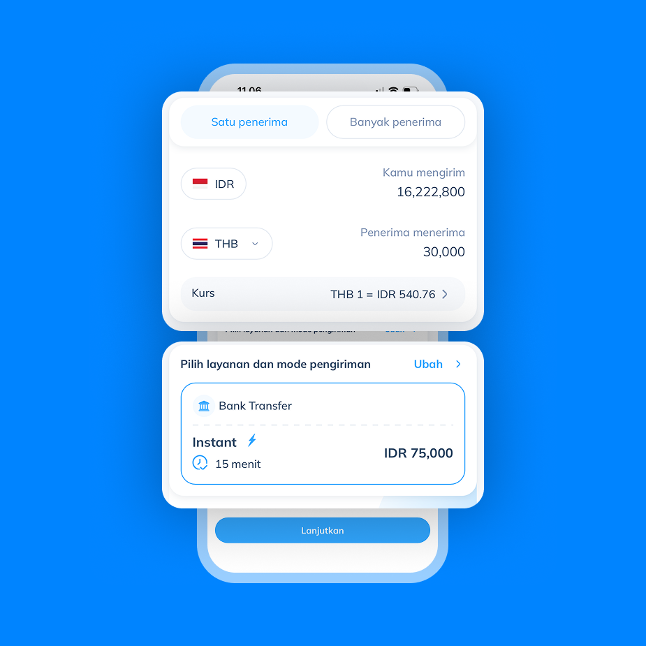 Tampilan layar transfer THB di Topremit sebagai langkah ke-3 untuk kirim uang ke Thailand dengan memasukkan nominal dan memilih mode pengiriman "Bank Transfer Mode Instan".