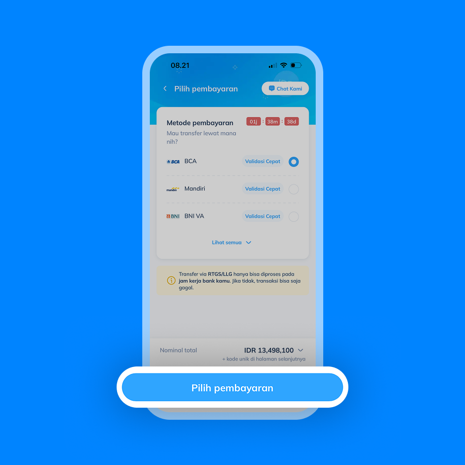 Halaman pilihan metode pembayaran Topremit dengan opsi BCA, Mandiri, dan BNI Virtual Account