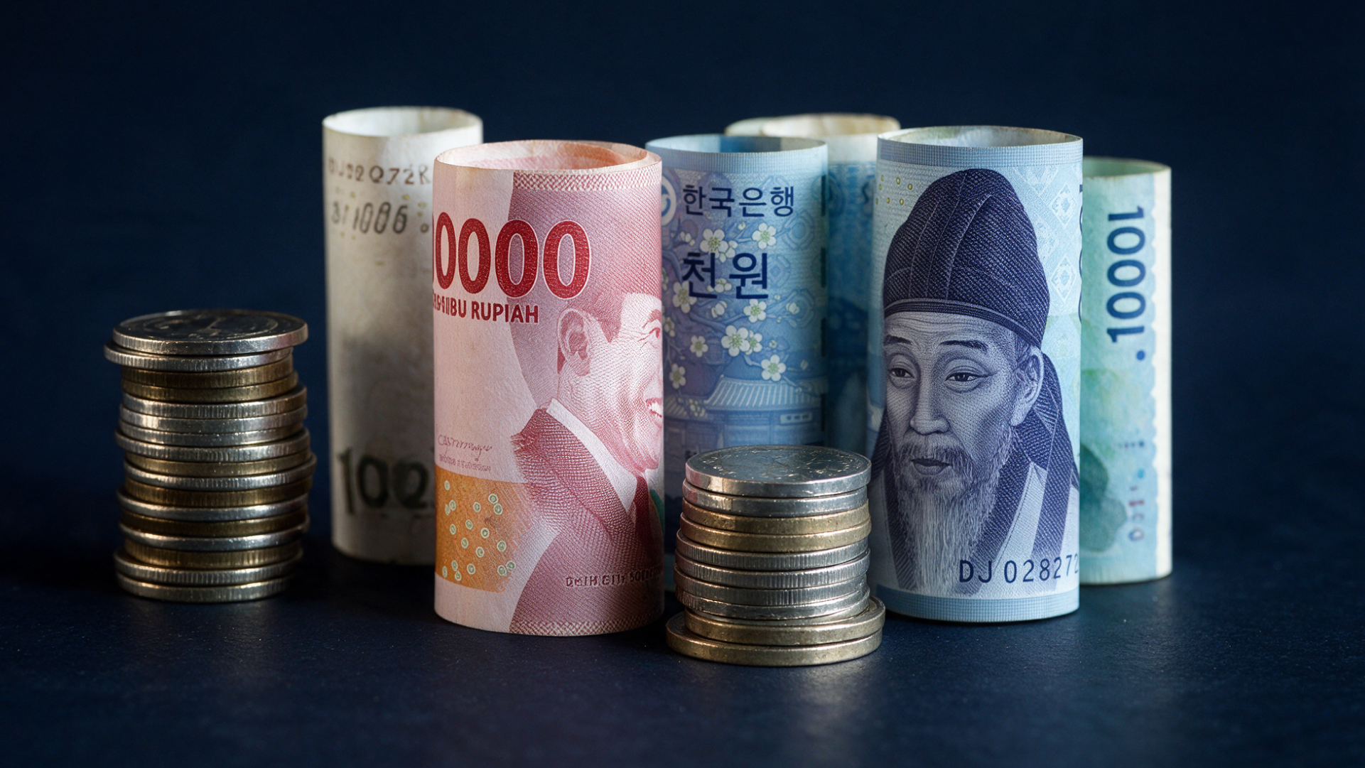 인도네시아 루피아와 한국 원화 지폐, 동전이 함께 놓여 있는 모습