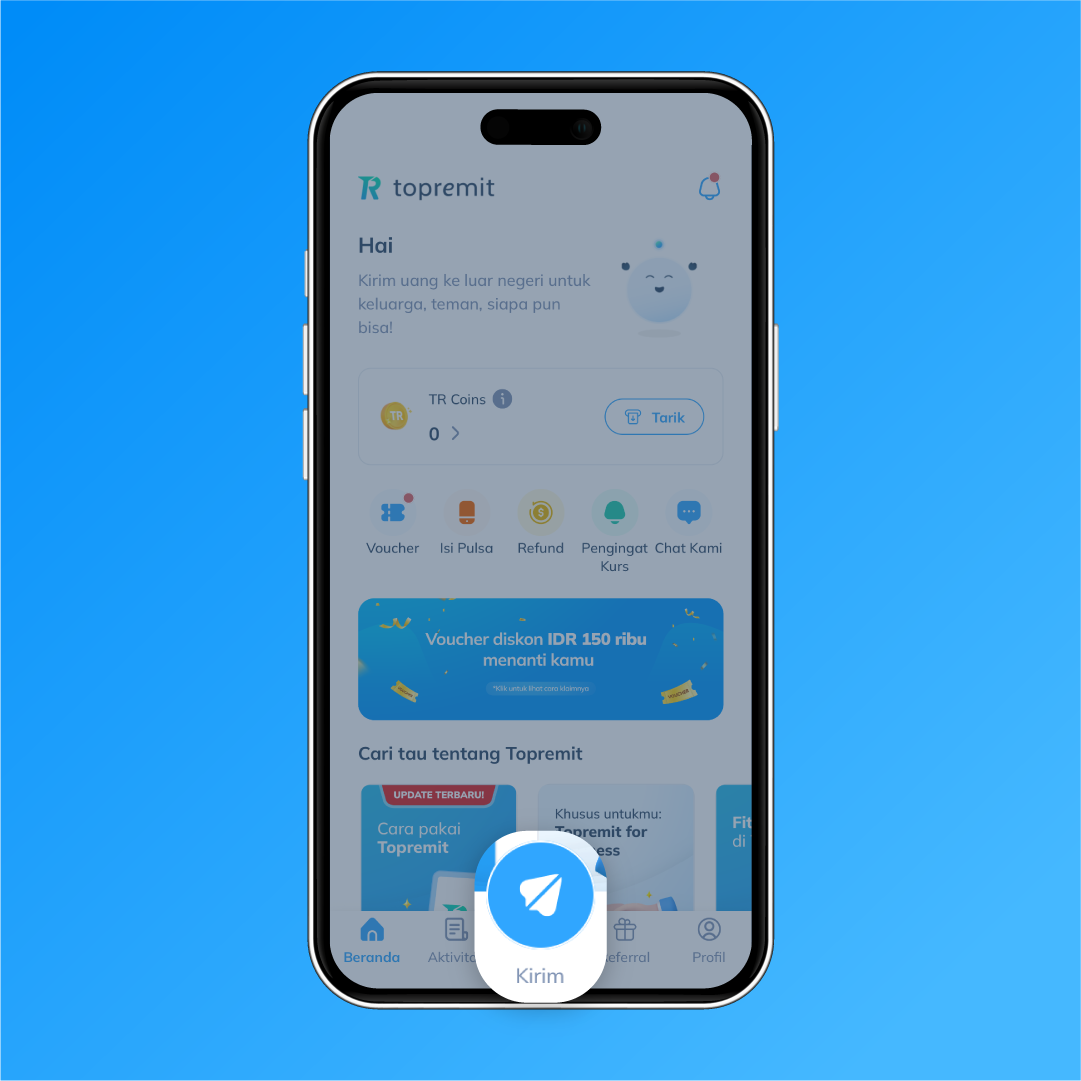 Tampilan layar beranda Topremit sebagai langkah ke-2 untuk memilih menu Kirim dan memulai transfer uang ke Singapura