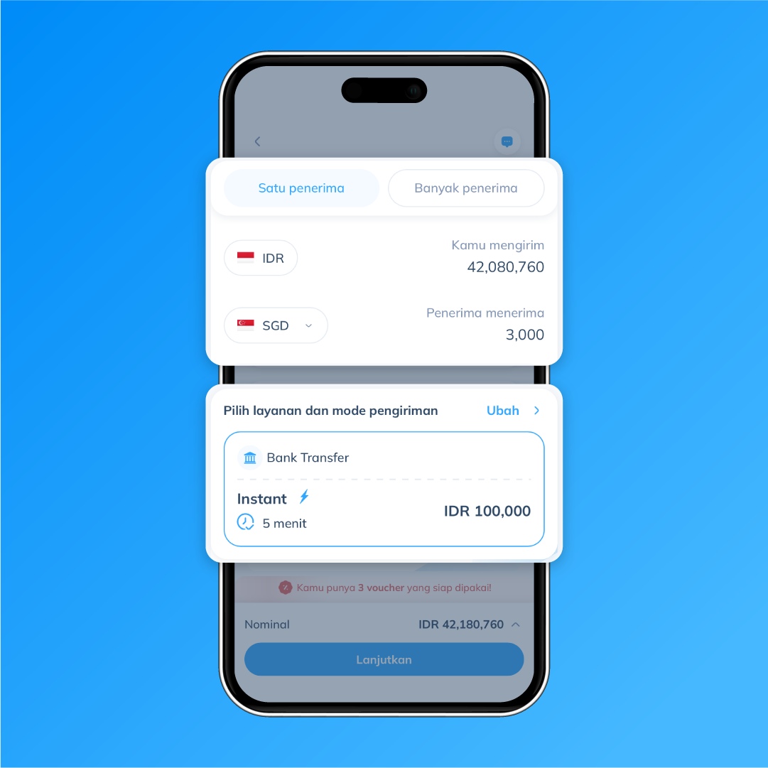 Tampilan layar transaksi Topremit sebagai langkah ke-3 untuk memilih Singapura, memasukkan nominal, dan menggunakan Bank Transfer Mode Instan