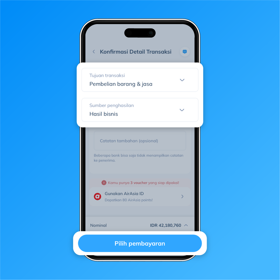 Tampilan layar detail transaksi Topremit sebagai langkah ke-4 untuk melengkapi informasi transaksi sebelum memilih pembayaran
