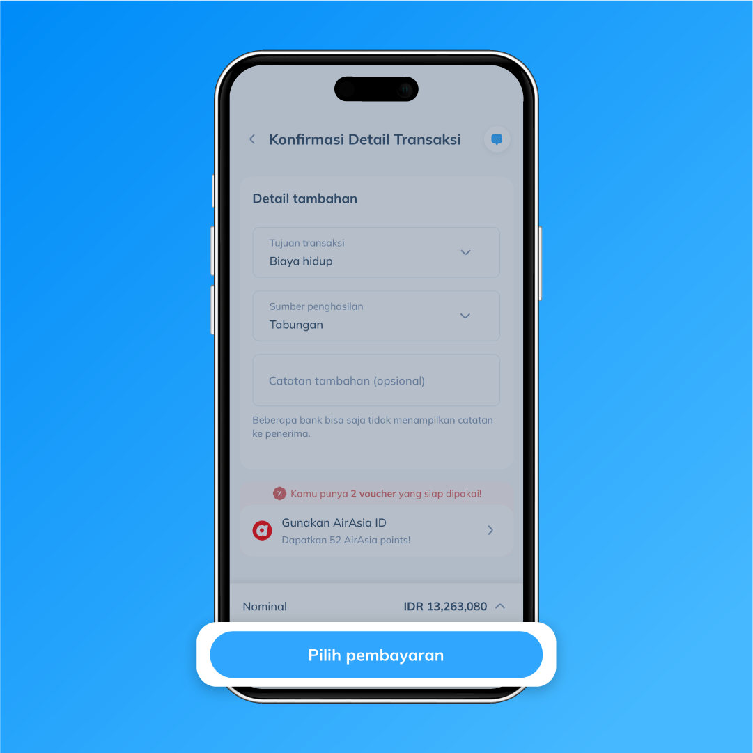 Tampilan layar konfirmasi detail transaksi Topremit sebagai langkah ke-4 untuk kirim uang ke e-wallet Malaysia dengan melengkapi data transaksi dan memilih pembayaran.