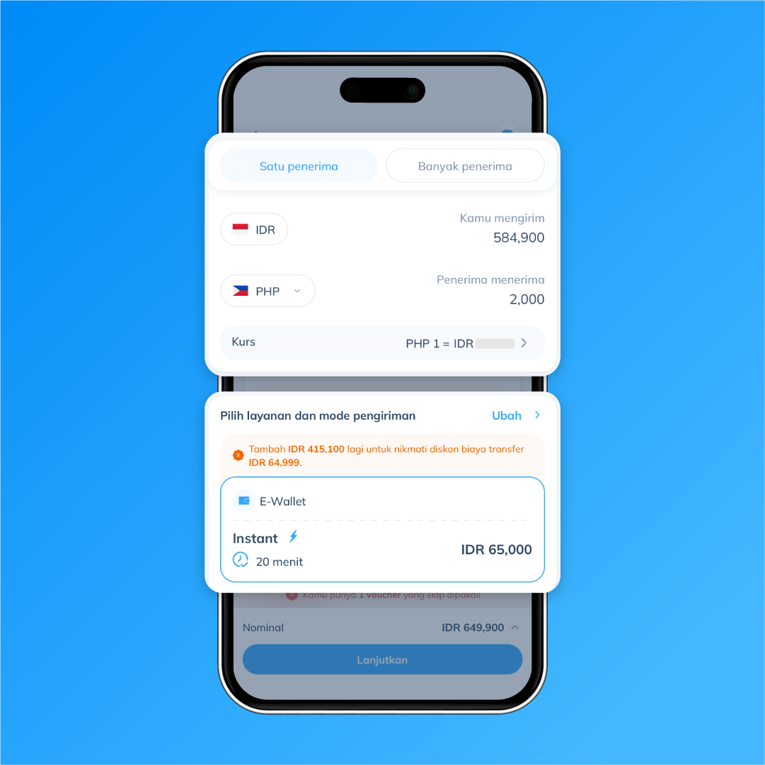 Tampilan Topremit saat memilih PHP dan layanan E-Wallet sebagai langkah ke-3 untuk mengirim uang ke Filipina