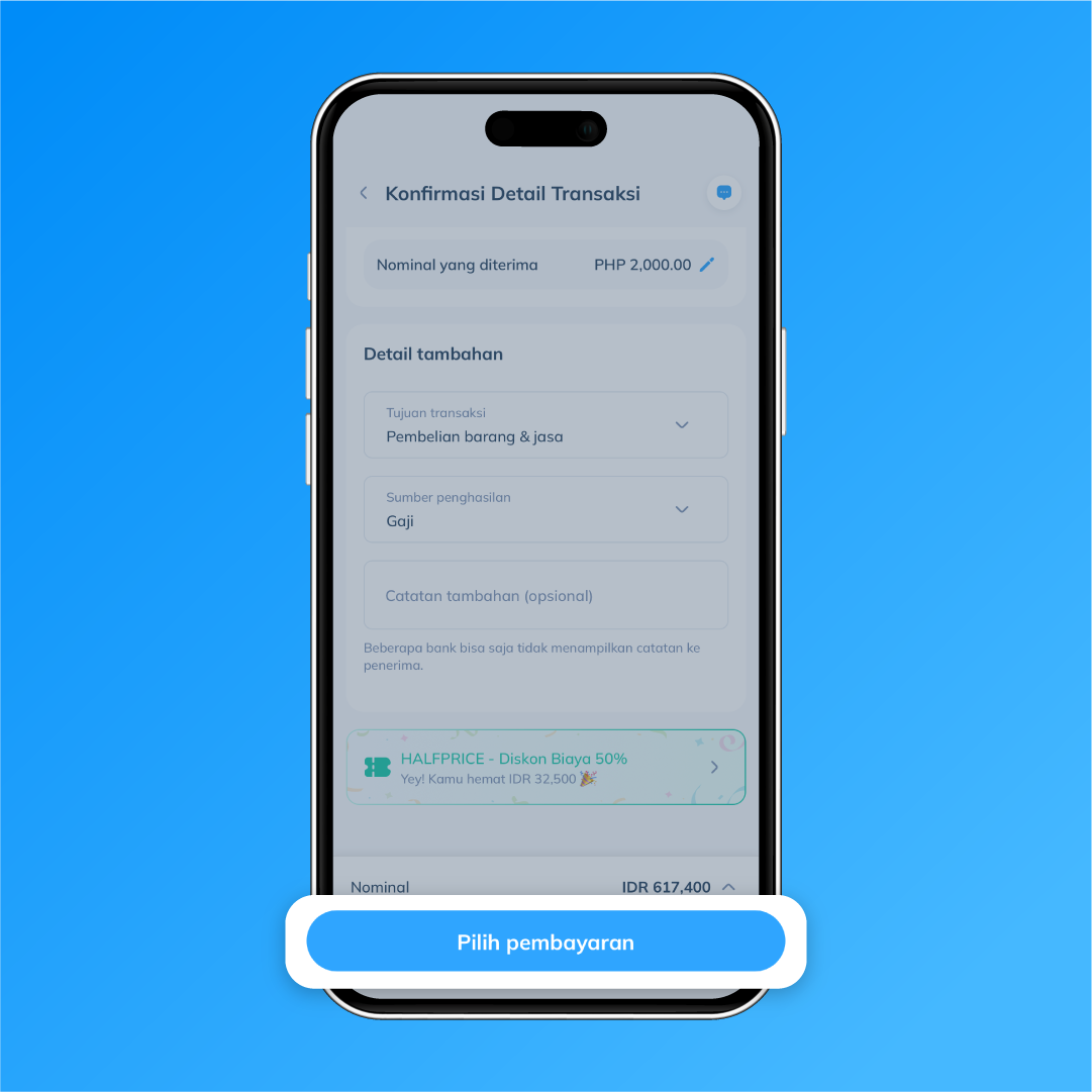 Tampilan konfirmasi transaksi Topremit dengan tombol Pilih pembayaran setelah melengkapi data transfer sebagai langkah ke-4 kirim uang ke Filipina