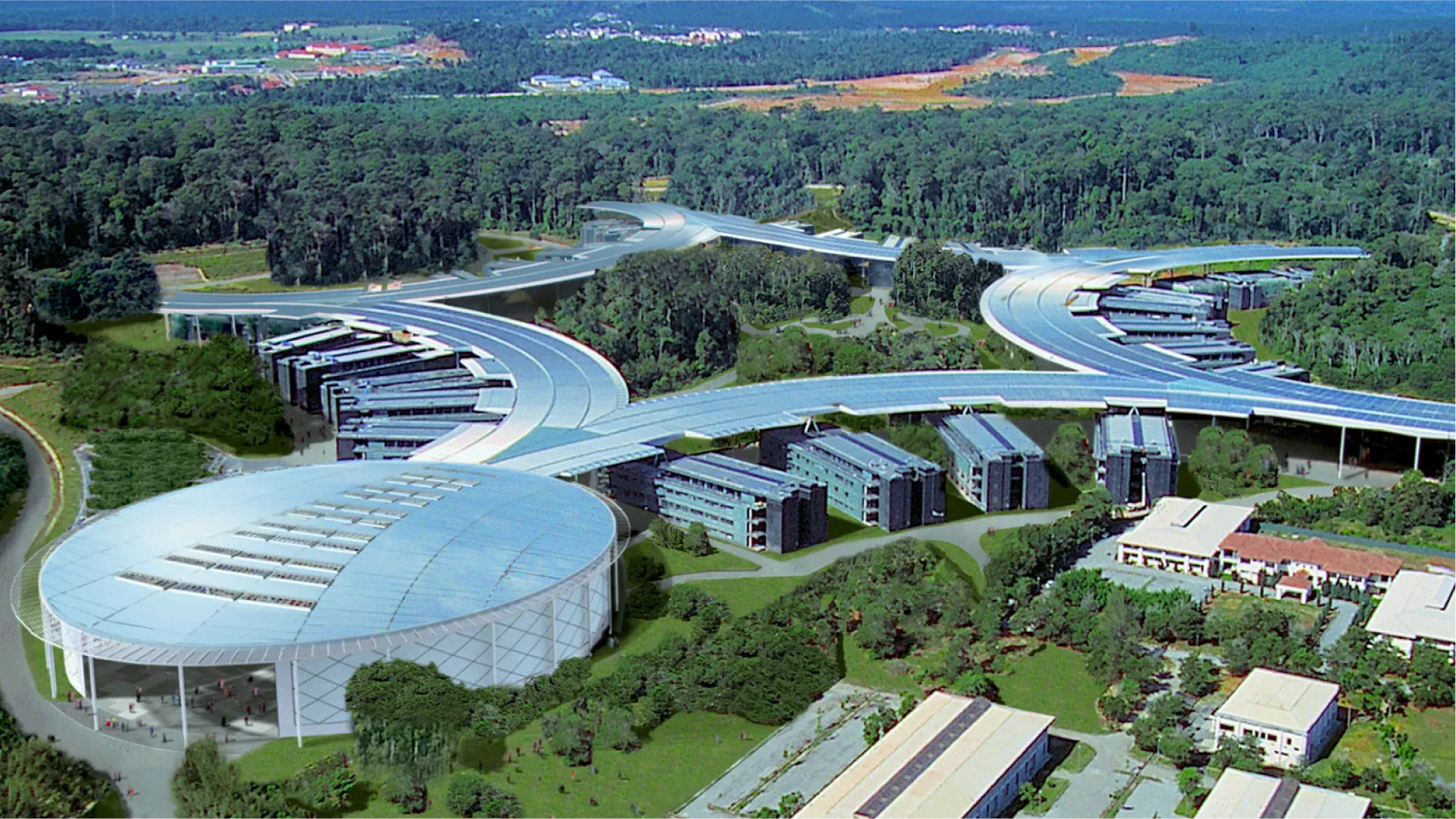 Pemandangan udara kampus Universiti Teknologi PETRONAS dengan bangunan dan area hijau
