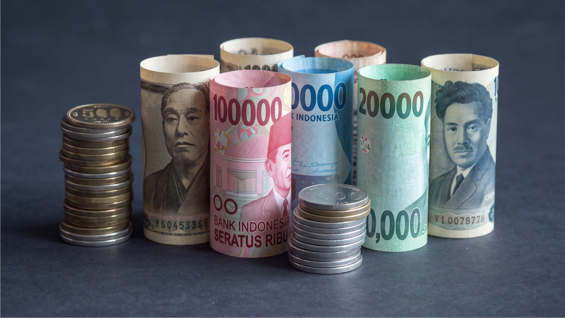 インドネシアルピアと日本円の紙幣、積み重ねられた硬貨