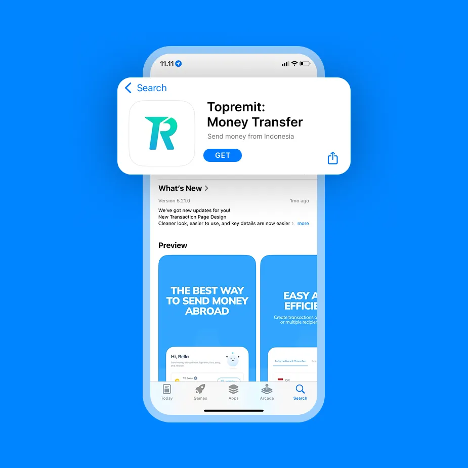 第1步的界面截图：Topremit 在 App Store 的应用页面，显示应用图标和下载按钮。