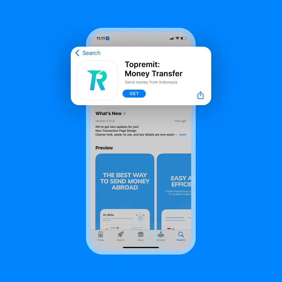 Tampilan layar App Store untuk mengunduh aplikasi Topremit sebagai langkah ke-1 mengirim uang ke Malaysia.
