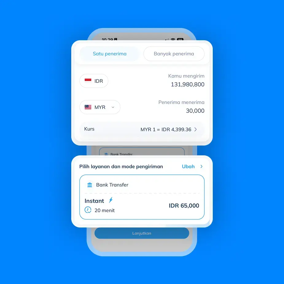 Tampilan layar untuk memasukkan nominal MYR dan memilih Bank Transfer mode Instant sebagai langkah ke-3 melakukan transfer ke Malaysia.