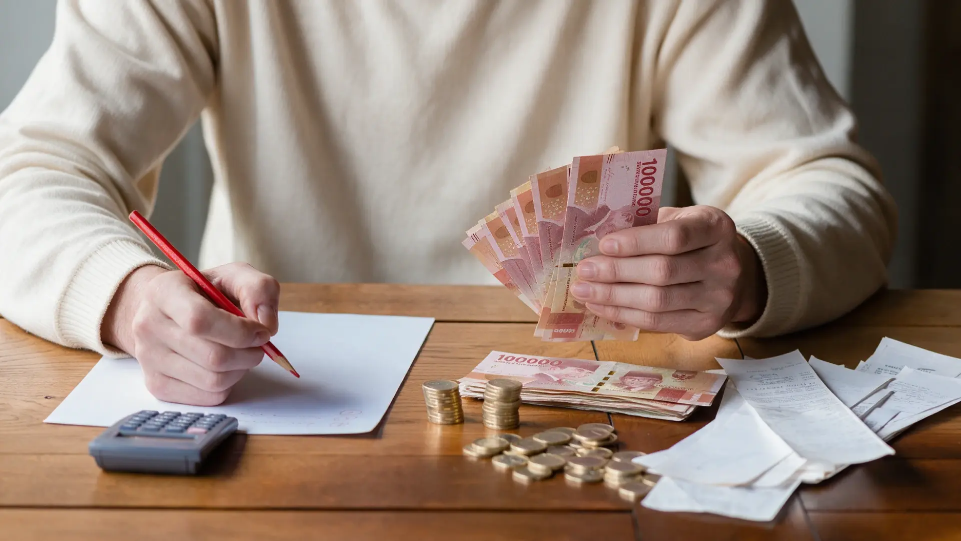 Seseorang menghitung uang Rupiah, biaya, dan pengeluaran menggunakan kalkulator