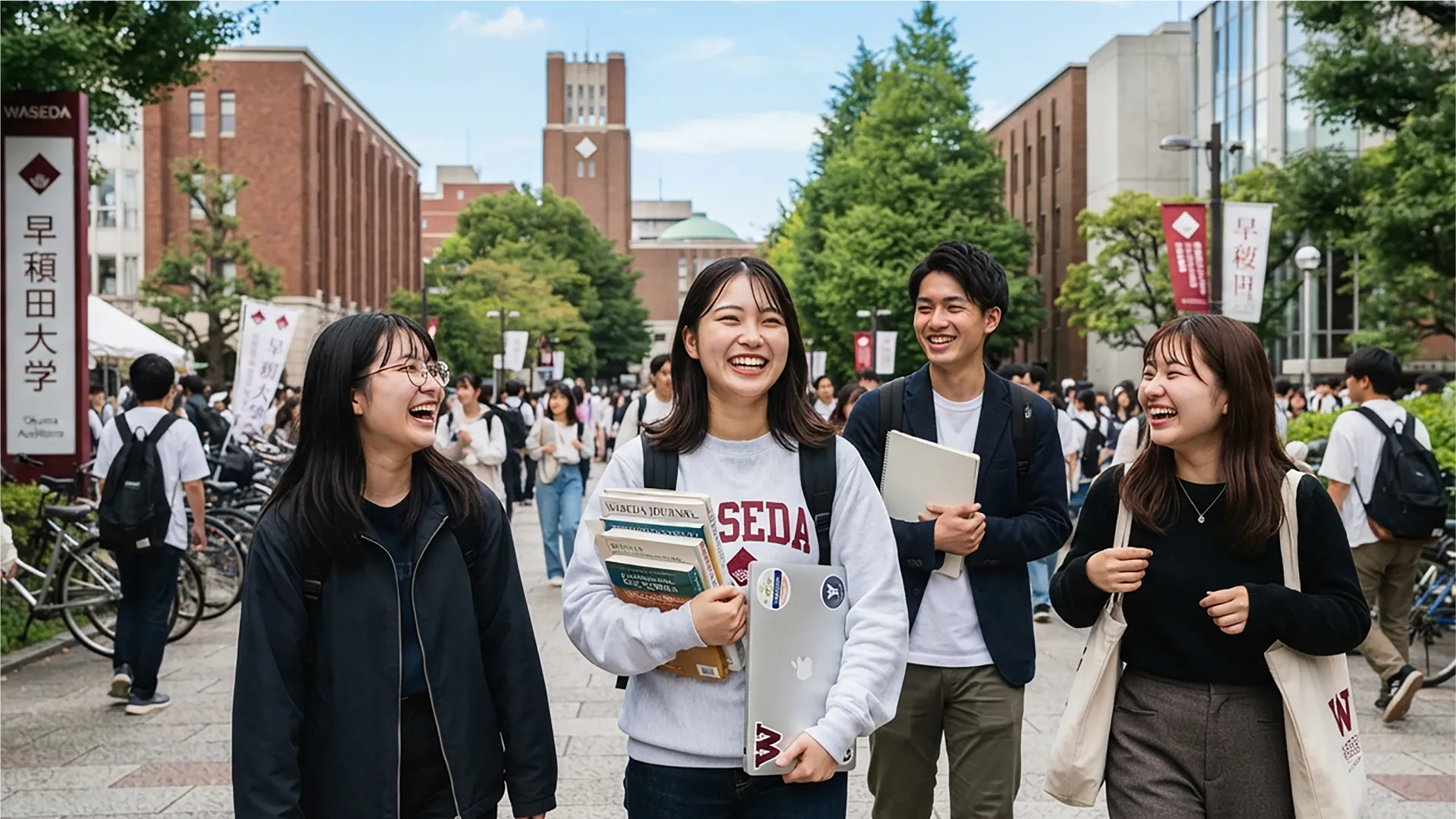Mahasiswa Waseda University di Jepang berjalan bersama di area kampus