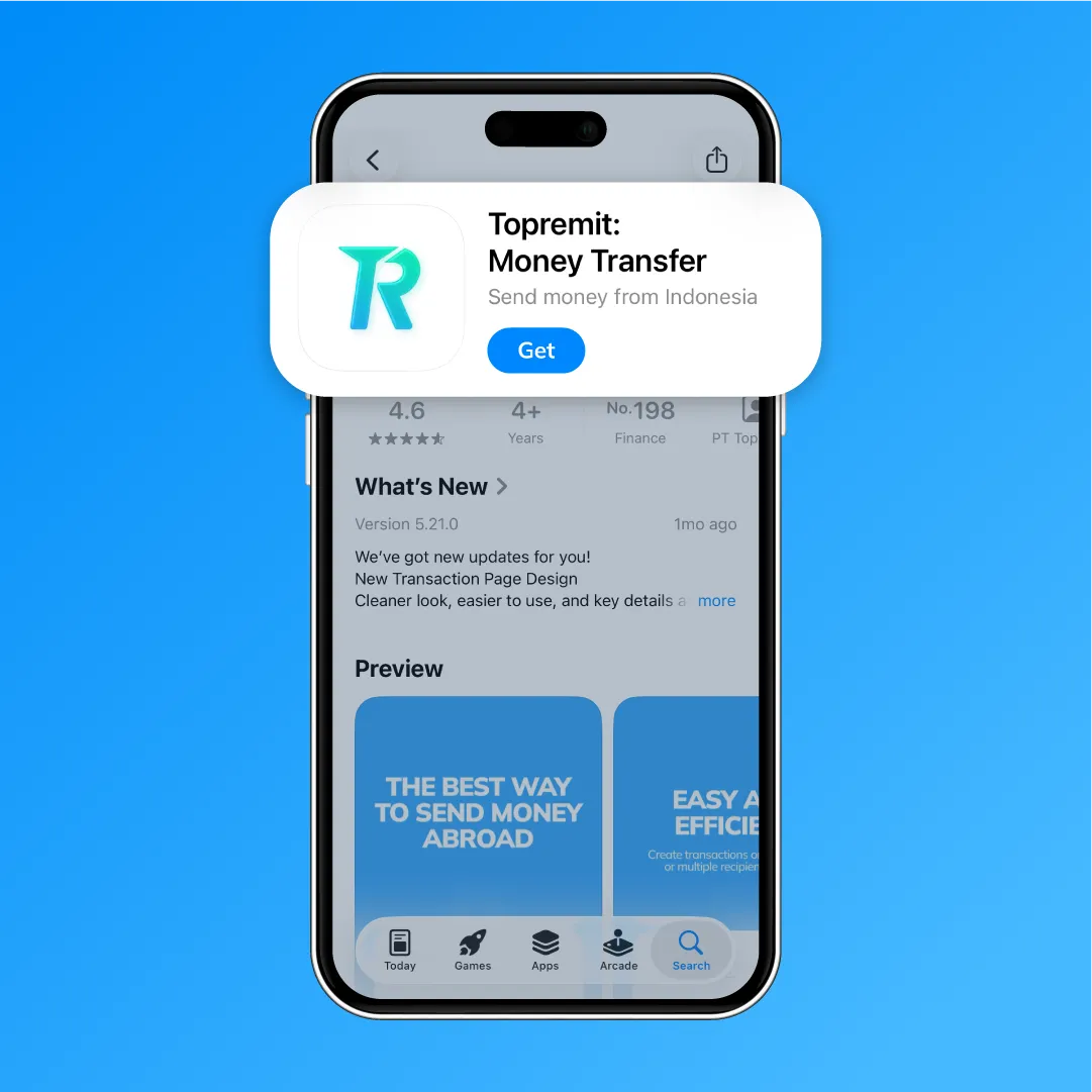 Tampilan aplikasi Topremit di App Store sebagai langkah pertama untuk membayar biaya kuliah di Jepang