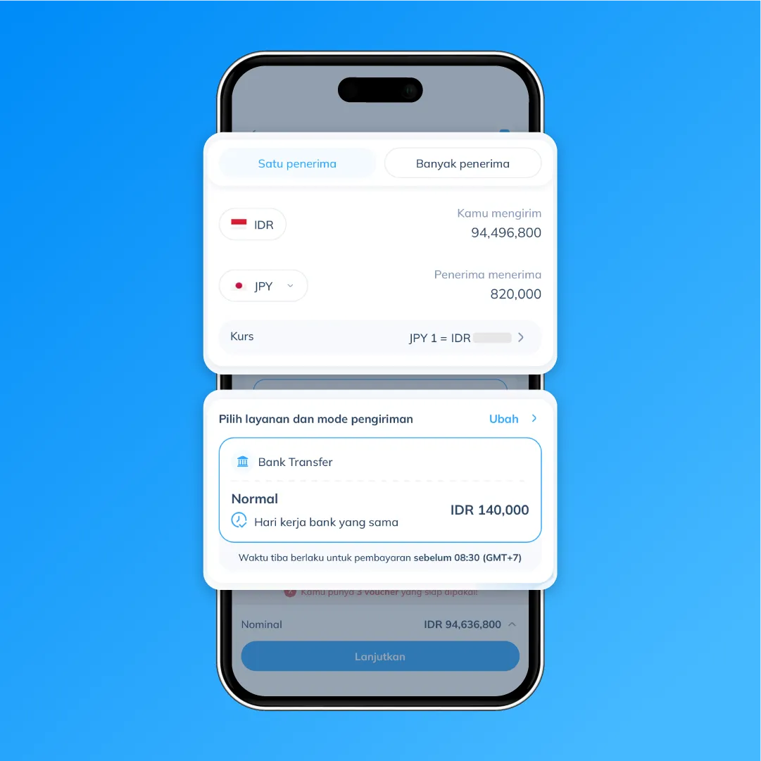 Tampilan simulasi transfer IDR ke JPY dan pilihan layanan Bank Transfer di aplikasi Topremit sebagai langkah ke-3