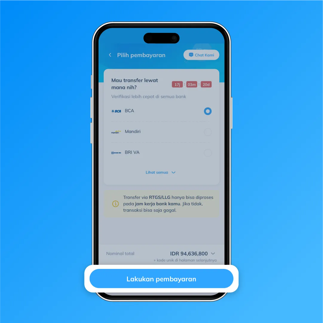 Tampilan pilihan bank dan tombol 'Lakukan pembayaran' untuk menyelesaikan transfer ke Jepang melalui Topremit sebagai langkah ke-5.