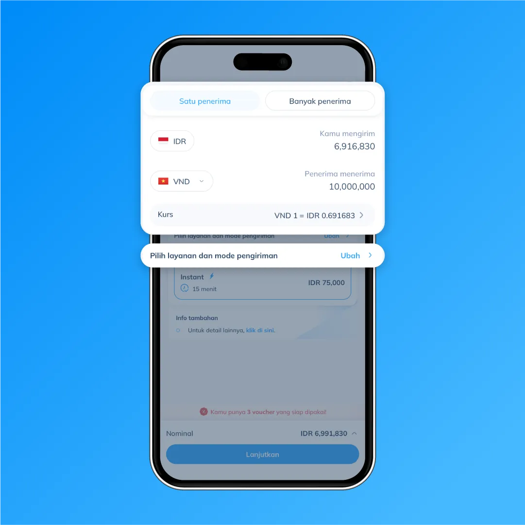 Tampilan simulasi transfer uang dari IDR ke VND di aplikasi Topremit, lengkap dengan nominal, kurs, dan pilihan layanan pengiriman.
