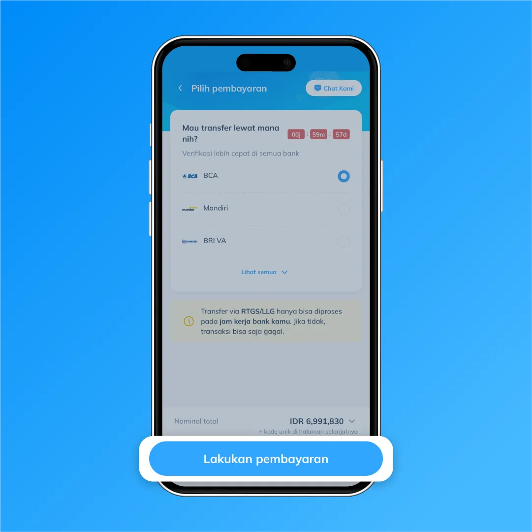 Tampilan pilihan metode pembayaran di aplikasi Topremit melalui BCA, Mandiri, dan BRI VA untuk menyelesaikan transaksi.