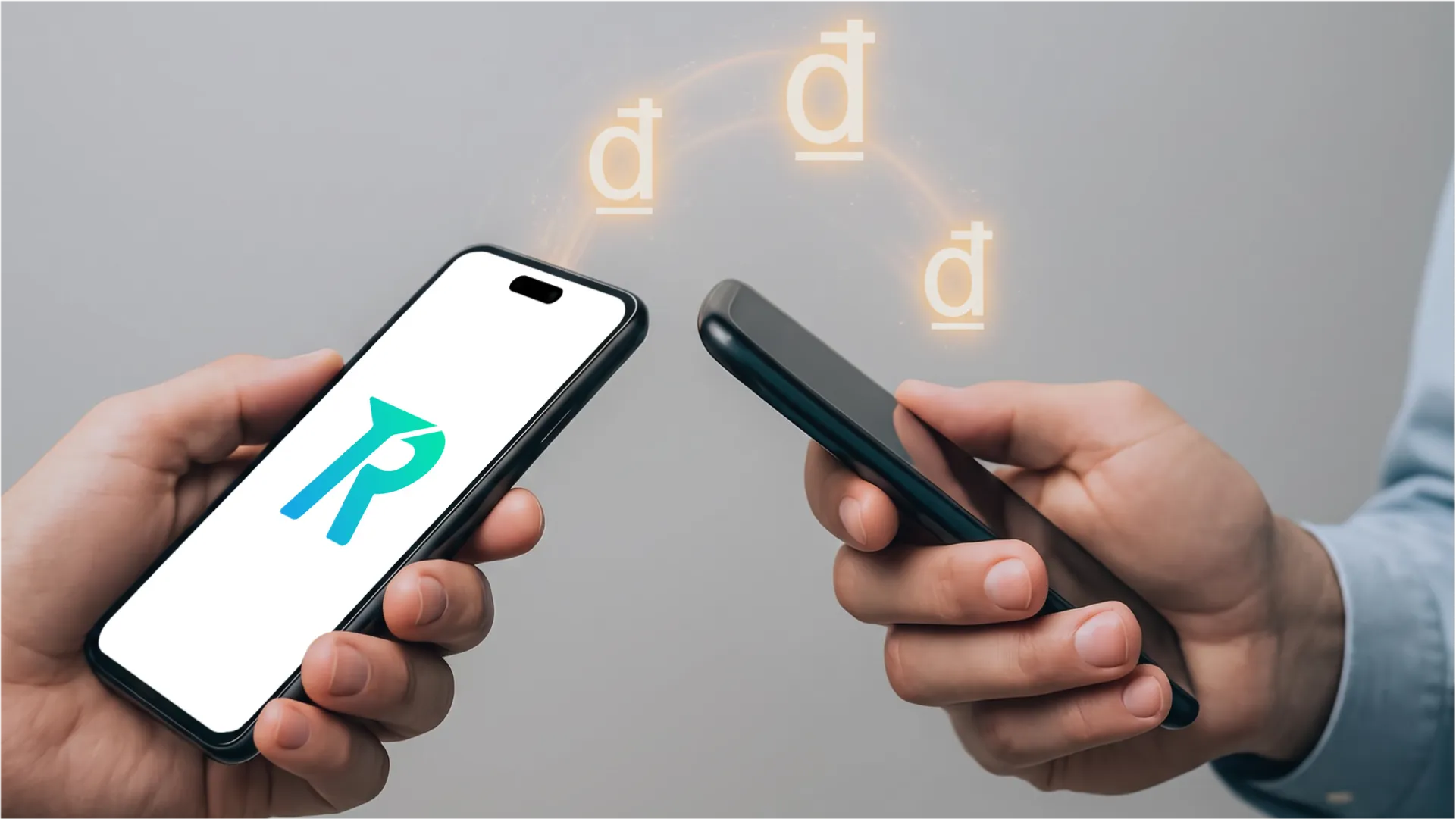 Ilustrasi dua orang menggunakan smartphone untuk transfer uang secara digital melalui aplikasi Topremit dalam mata uang Dong Vietnam.