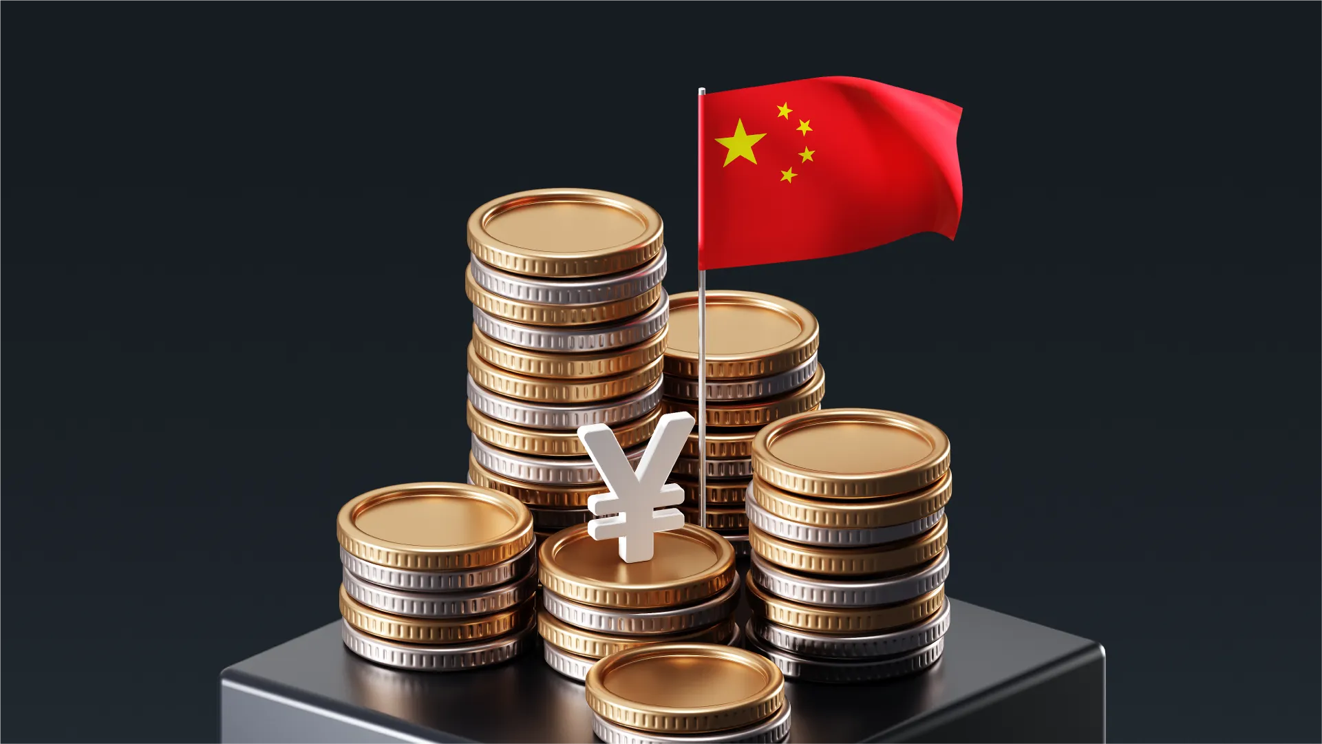 中国国旗、人民币符号和硬币，展示人民币汇款场景