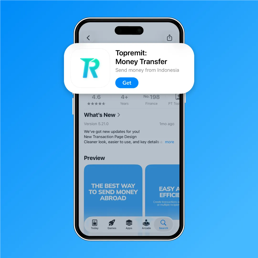 屏幕显示在 App Store 下载 Topremit 应用，作为汇款到中国的第 1 步
