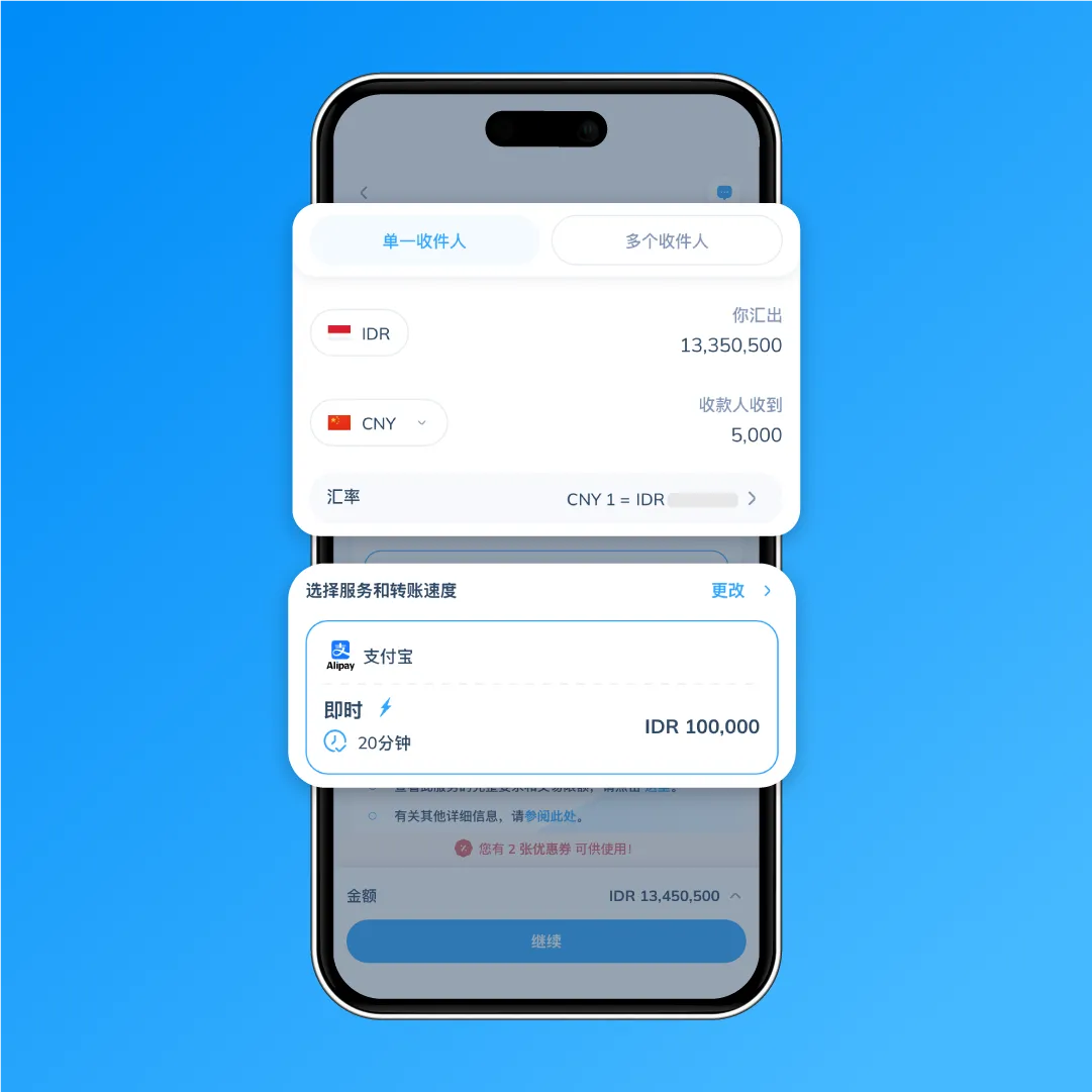 屏幕显示在 Topremit 输入 IDR 汇款金额并选择支付宝接收 CNY，作为汇款到中国的第 3 步