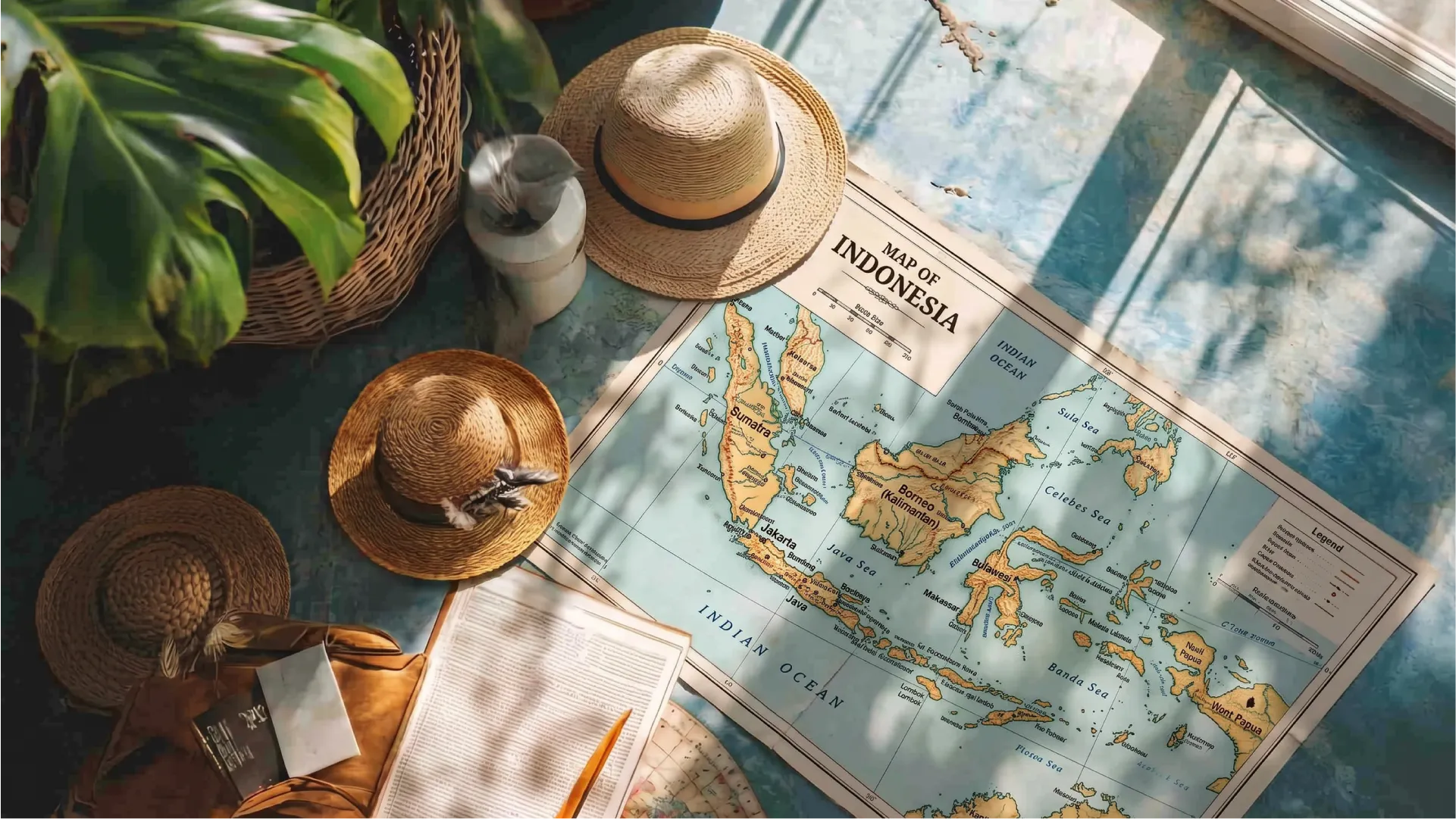 印尼地图旁摆放着草帽和旅行用品,展示在印尼规划不同旅游目的地行程的场景。