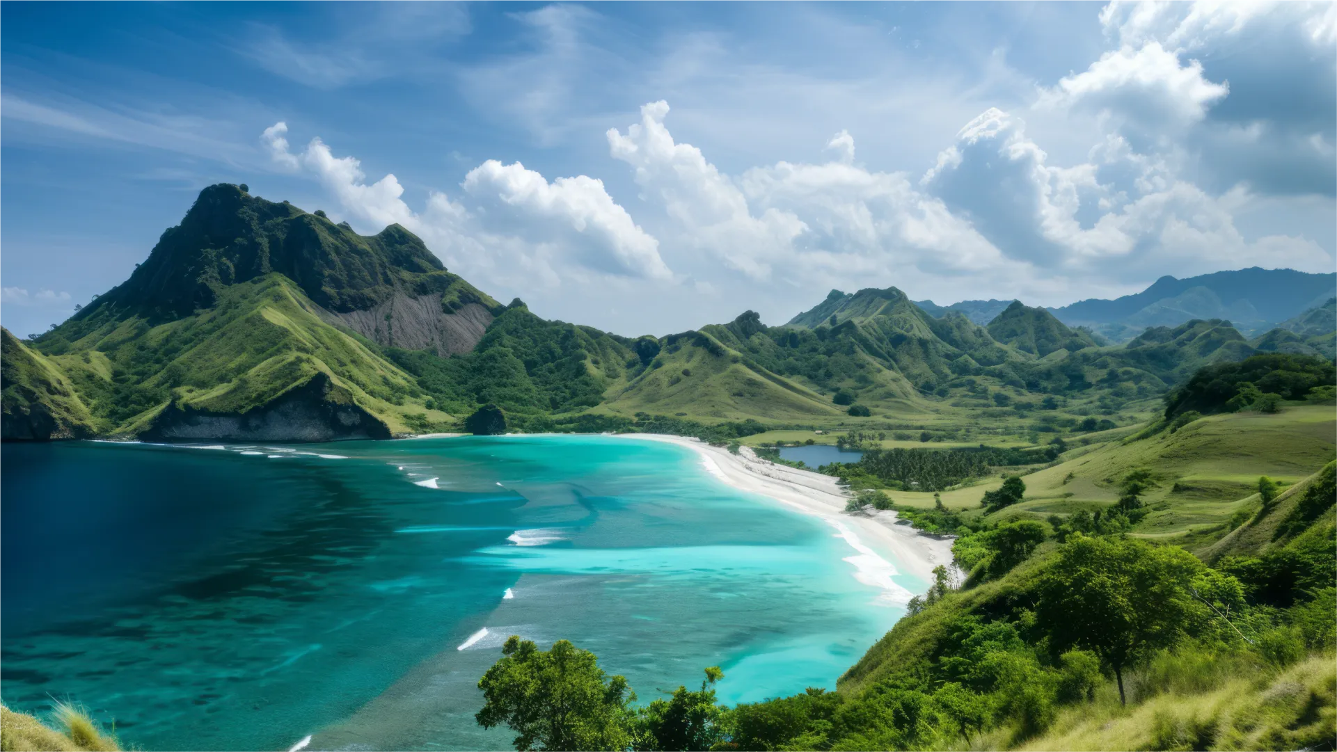 Lombok 的海湾风光,白色沙滩、清澈的蓝绿色海水与周围连绵的绿色山丘相映成景。