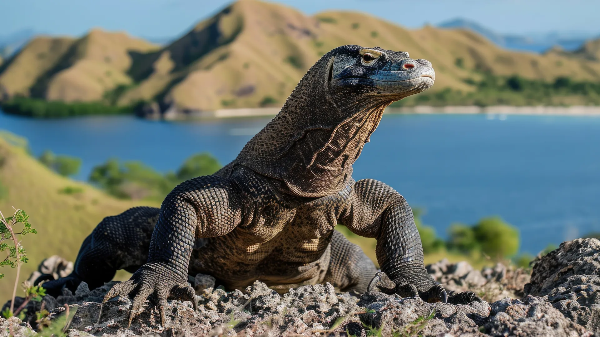 一只生活在自然栖息地的科莫多巨蜥,背景是 Taman Nasional Komodo 的山丘和海域。