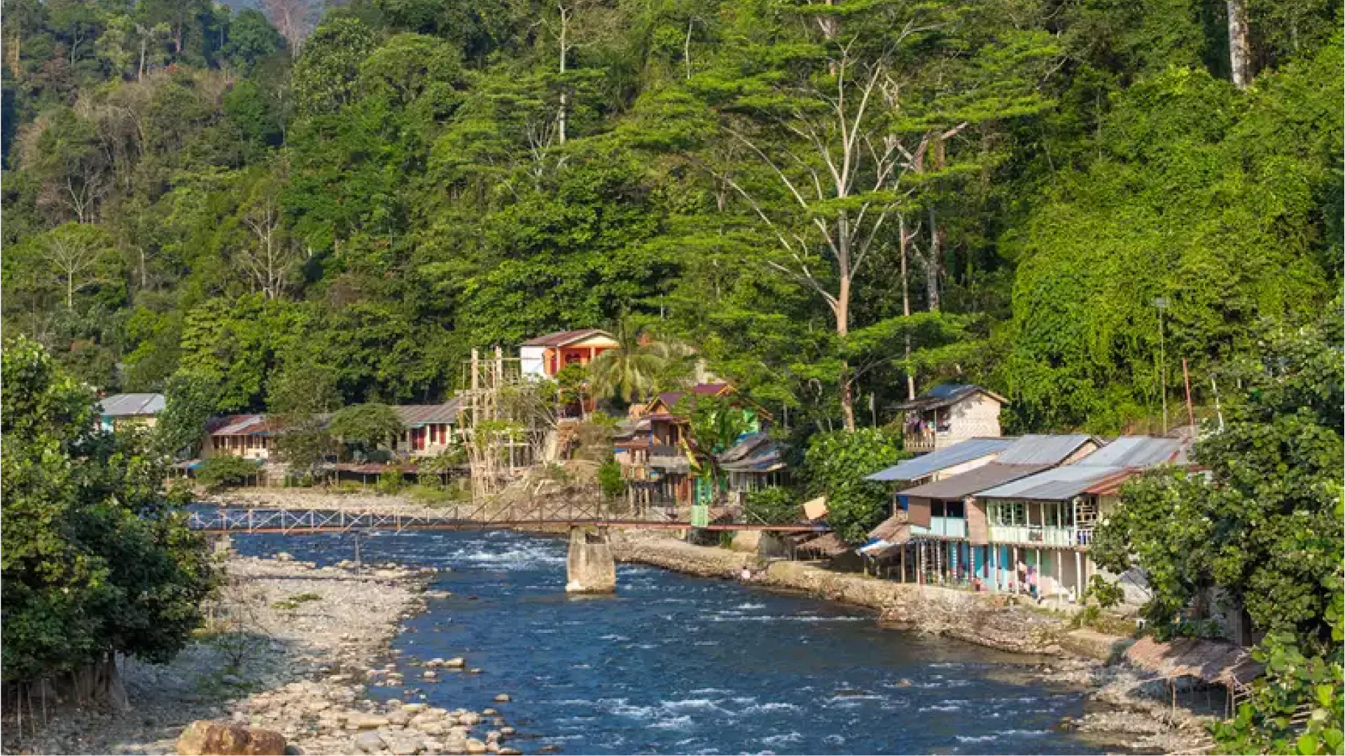 位于 Sumatera Utara 的 Bukit Lawang 旅游区,河流穿过村庄,两岸有桥梁、住宿设施和茂密的热带雨林。