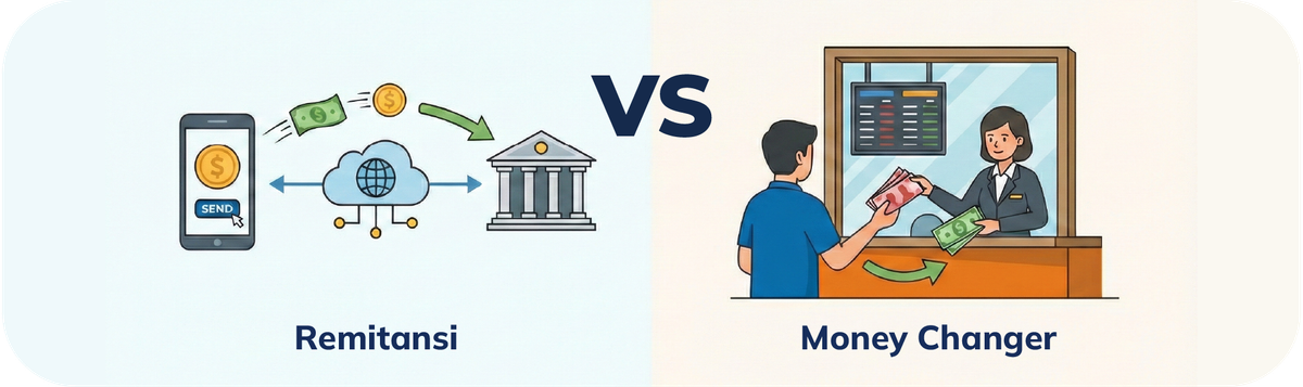 Ilustrasi perbandingan transfer uang digital melalui aplikasi ponsel dengan layanan money changer.