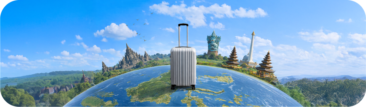 A suitcase on a globe with iconic Indonesian landmarks, symbolizing what it is like to live in Indonesia as an expat.
