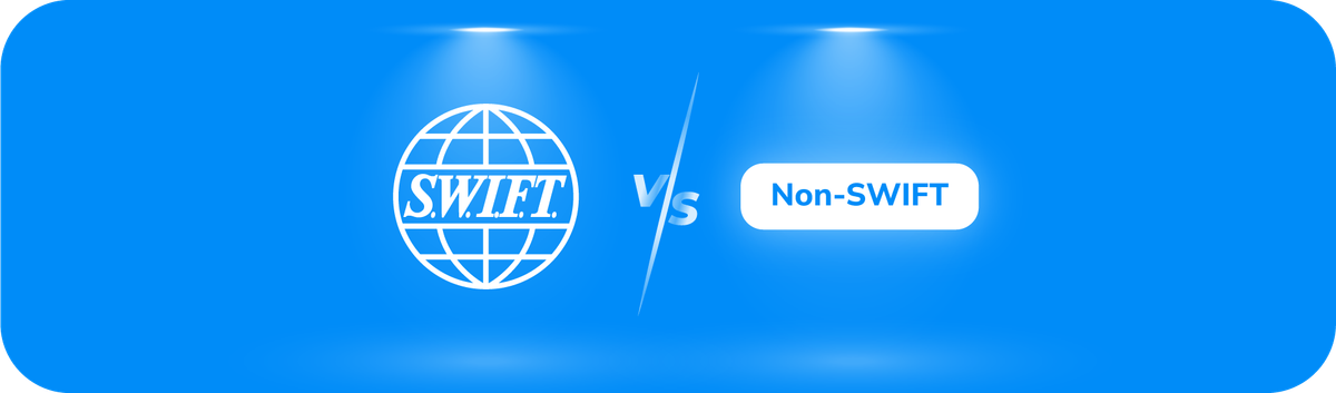 Banner biru bertuliskan ‘SWIFT vs Non-SWIFT’ dengan logo SWIFT di sisi kiri, menampilkan perbandingan antara metode transfer SWIFT dan non-SWIFT.