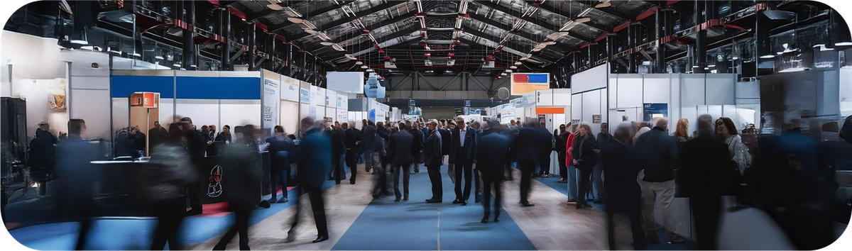 Suasana pameran dagang internasional dengan banyak pengunjung dan booth supplier dari berbagai industri.
