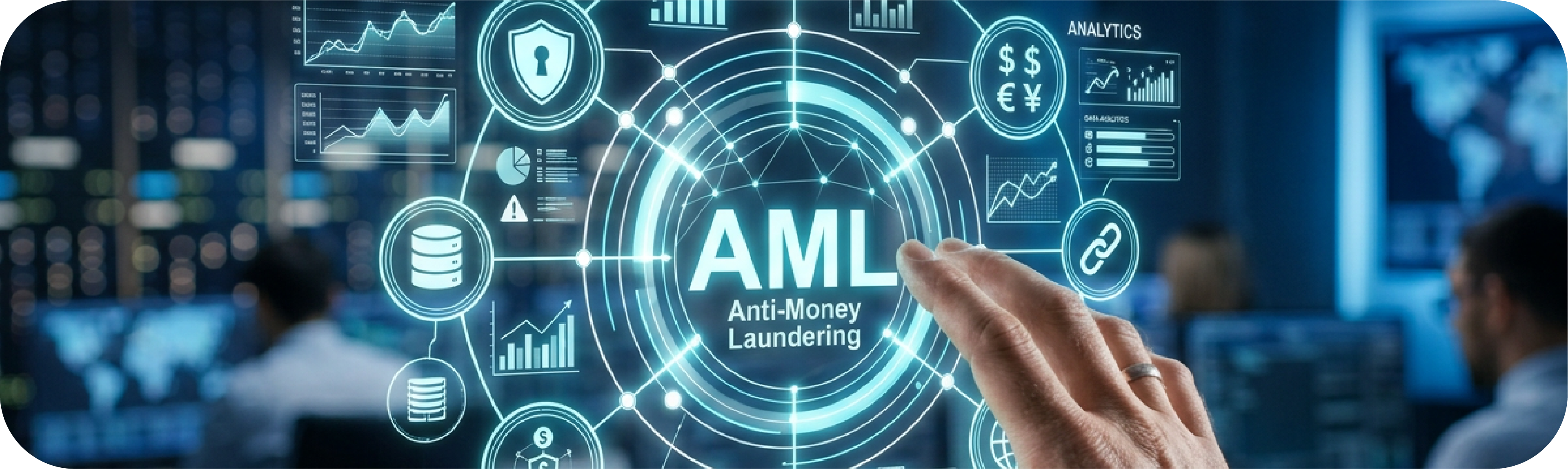 Ilustrasi dashboard digital bertuliskan AML (Anti-Money Laundering) dengan berbagai elemen lambang keamanan yang futuristik.