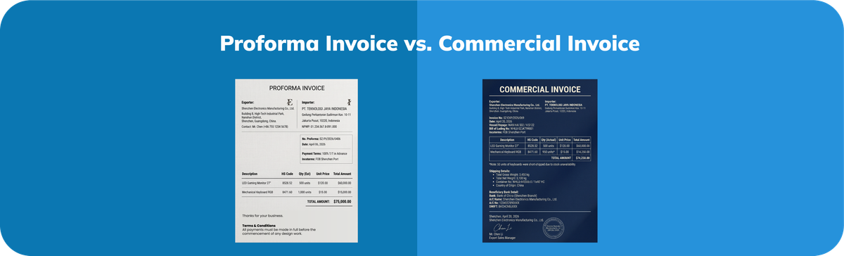 Perbandingan tampilan proforma invoice dan commercial invoice dalam transaksi internasional dengan contoh dokumen nyata.